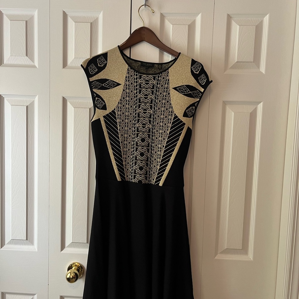 Ted Baker Black and Gold Geometric Dress with Stretch